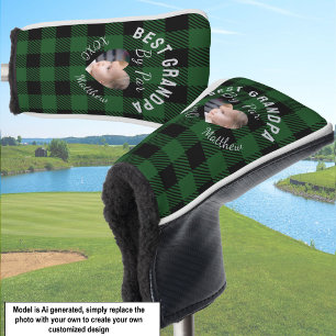 Best Grandpa Custom Kids Photo Green Buffalo Plaid Golf Head Cover