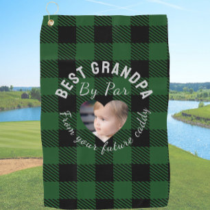 Best Grandpa Custom Kids Photo Green Buffalo Plaid Golf Towel