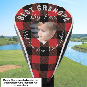 Best Grandpa Custom Kids Photo Red Buffalo Plaid Golf Head Cover