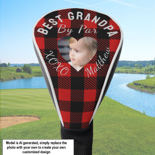 Best Grandpa Custom Kids Photo Red Buffalo Plaid Golf Head Cover