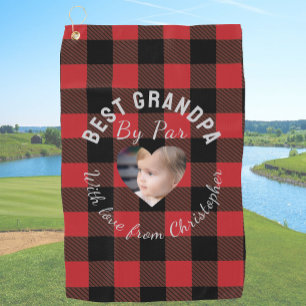 Best Grandpa Custom Kids Photo Red Buffalo Plaid Golf Towel
