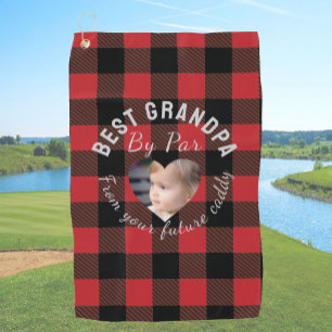Best Grandpa Custom Kids Photo Red Buffalo Plaid Golf Towel