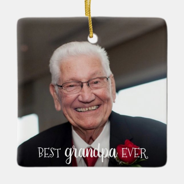 Best Grandpa Ever 2-Sided 2 Photo Christmas Ceramic Ornament (Front)