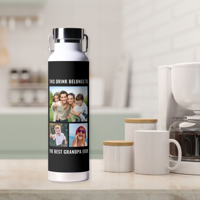 Best Grandpa Ever 3 Photo Black Water Bottle (Creator Uploaded)