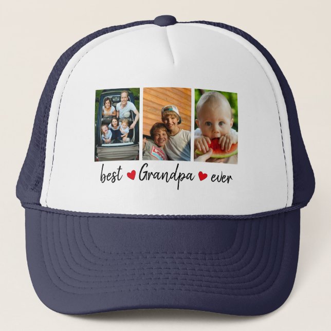 Best Grandpa Ever 3 Photo Custom  Trucker Hat (Front)