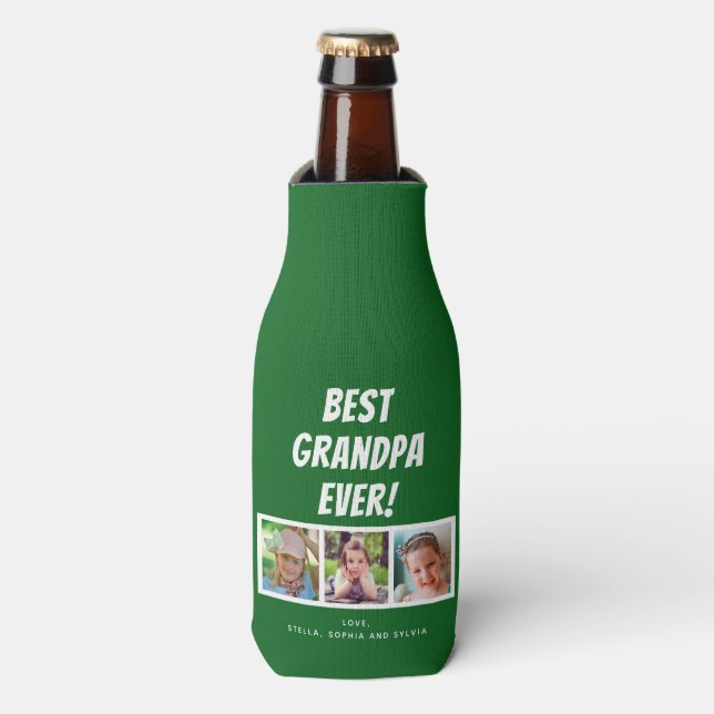 Best Grandpa Ever 3 Photos on Green Bottle Cooler (Bottle Front)