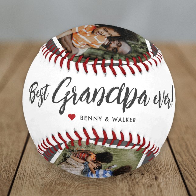 Best Grandpa Ever 4 Photo Collage Fathers Day Baseball (Great gift for Grandpa with modern handwritten best grandpa ever and 4 photo collage baseball.)