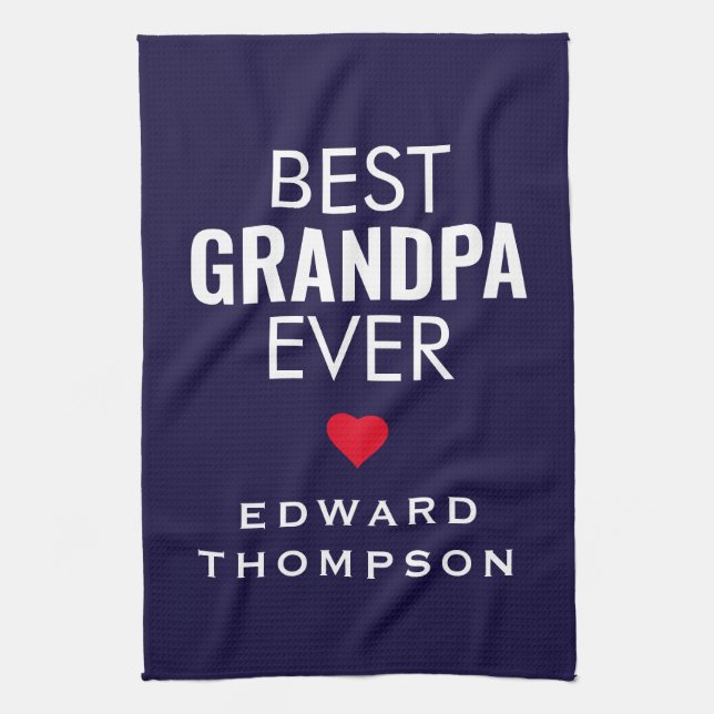 Best Grandpa Ever Heart Name White Navy Tea Towel (Vertical)