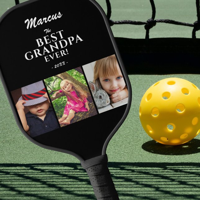 Best Grandpa Ever Keepsake 3 Photo Black  Pickleball Paddle (Creator Uploaded)