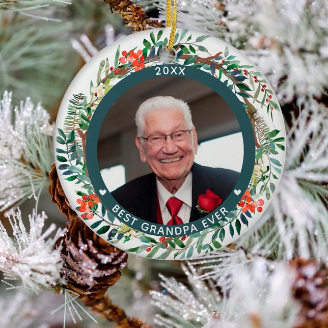 Best Grandpa Ever Photo Christmas Floral Ceramic Tree Decoration (Creator Uploaded)