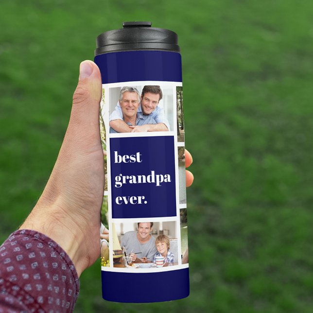 Best Grandpa Ever Photo Collage Navy Blue White Thermal Tumbler (Creator Uploaded)