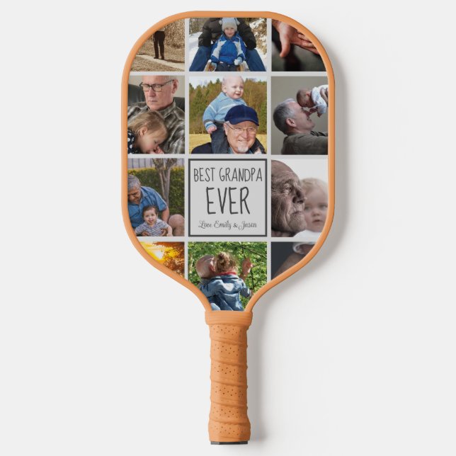 Best grandpa ever photo collage text tan pickleball paddle (Front)