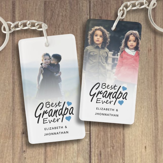 Best Grandpa Ever Script Name Blue Heart and Photo Key Ring (Creator Uploaded)
