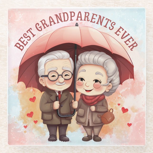 Best Grandparents Ever Holding an Umbrella Glass Coaster (Front)