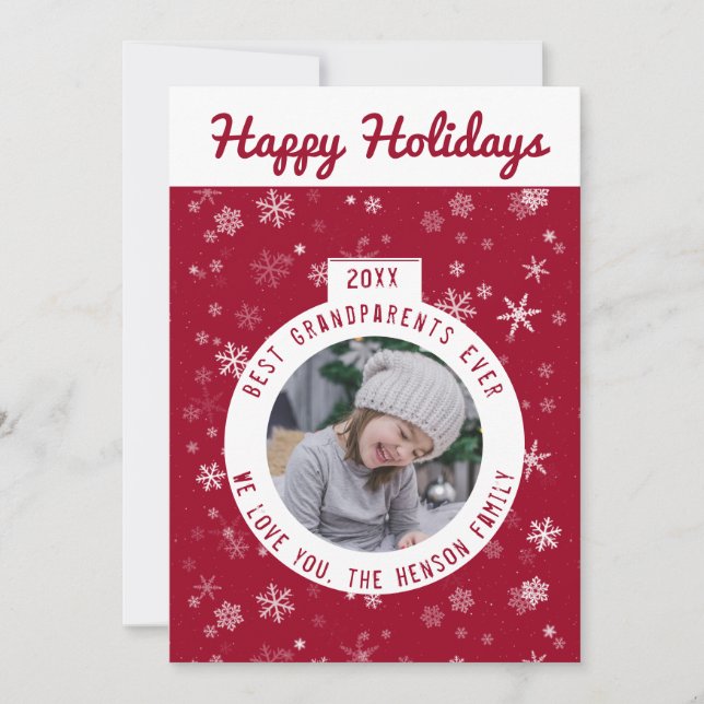 Best Grandparents Red Snowflake Ball Photo Holiday Card (Front)
