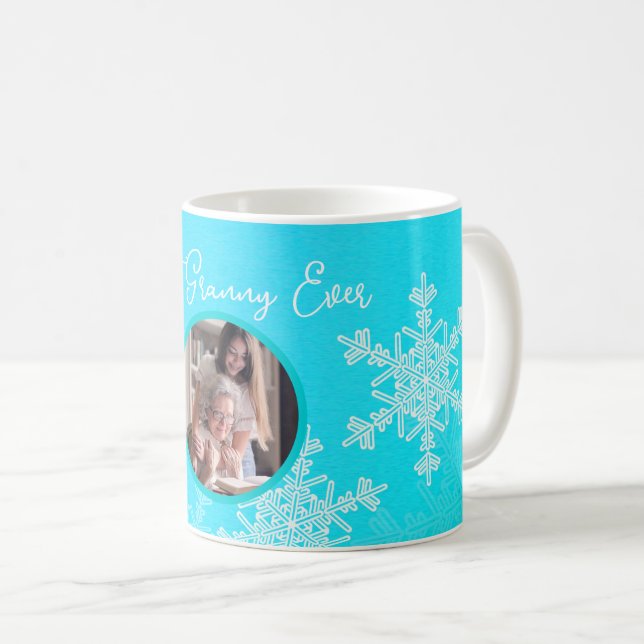 Best Granny Ever Blue Snowflakes Minimalist text Coffee Mug (Front Right)