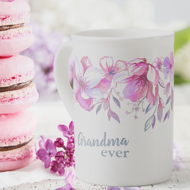 Best Great Grandma Ever - Pink Watercolor Flowers Bone China Mug (Creator Uploaded)