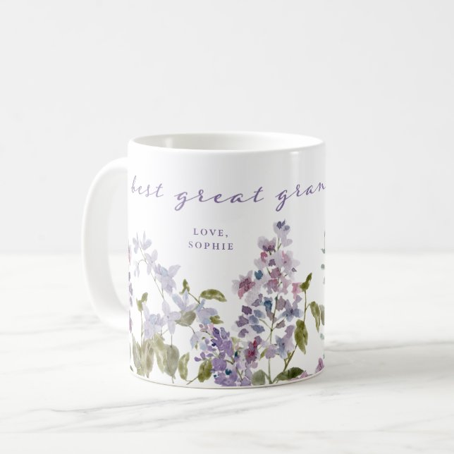 Best Great Grandma Ever Pretty Purple Lilac Flower Coffee Mug (Front Left)