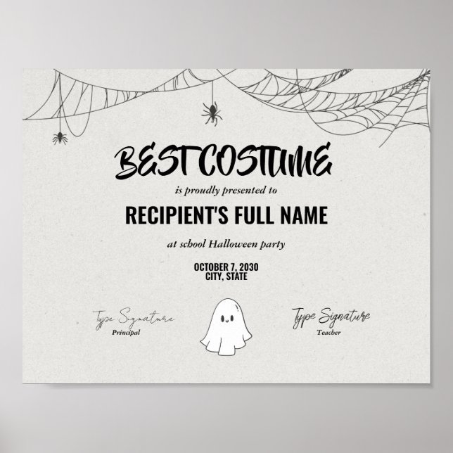 Best Halloween Costume Certificate award Poster (Front)