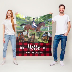 Best Horse Ever Red Buffalo Plaid Photo Collage Fleece Blanket