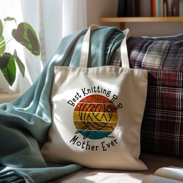 Best Knitting Mother Ever Retro Sunset Heart Yarn Tote Bag (Creator Uploaded)