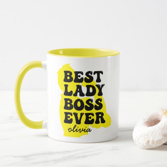 Best Lady Boss Ever Retro Yellow Custom Name Mug (With Donut)