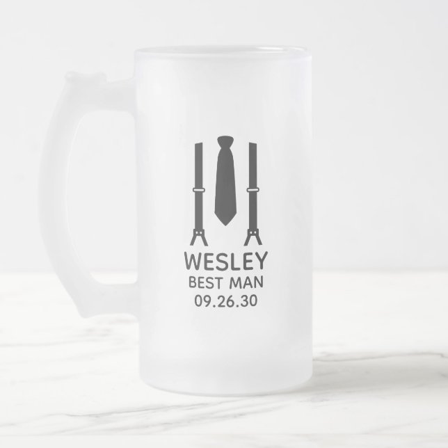 Best Man Black Tie Frosted Glass Beer Mug (Left)