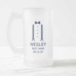 Best Man Blue Bow Tie Frosted Glass Beer Mug