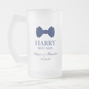 Best Man Blue Bow Tie Frosted Glass Beer Mug