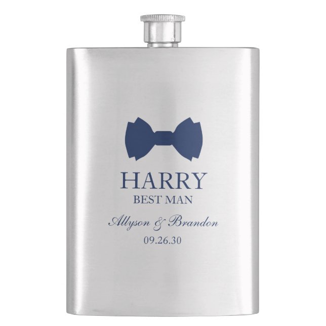 Best Man Blue Bow Tie Hip Flask (Front)