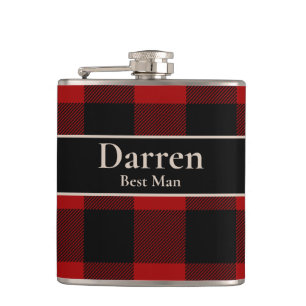 Best Man Custom Name on Buffalo Plaid Hip Flask