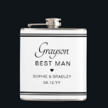 Best Man Custom Personalised Wedding Party  Hip Flask<br><div class="desc">Best Man Custom Personalised Name Wedding Party Flask features the Best Man's name with the bridal couple's names and wedding date accented with a small love heart. Custom made for the Best Man. Designed by ©2024 Evco Studio www.zazzle.com/store/evcostudio</div>