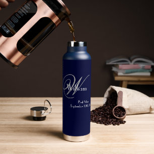Best Man Gift Elegant Grey Monogram White and Navy Water Bottle