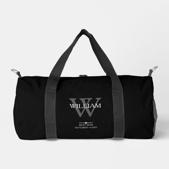 Best Man Gift Modern Monogram Elegant Script Black Duffle Bag (Front)