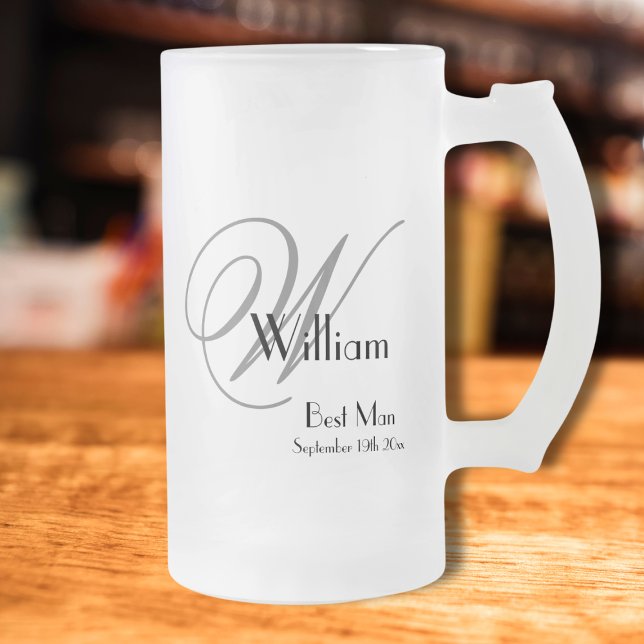 Best Man Gift Modern Monogram Initial & Name Cute  Frosted Glass Beer Mug (Your Best Man will love this frosted glass beer mug.)