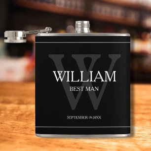 Best Man Gift Monogram Name Date White Grey Black Hip Flask