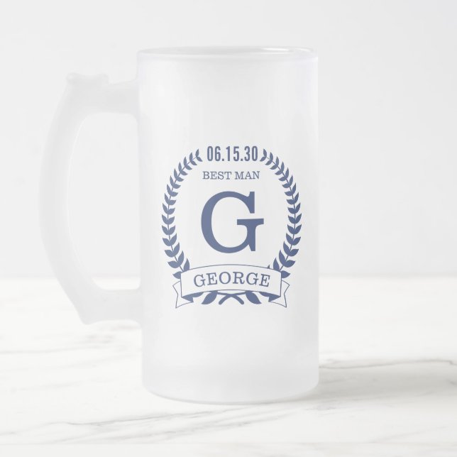 Best Man Initials Frosted Glass Beer Mug (Left)