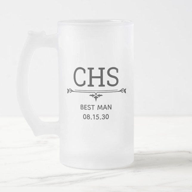 Best Man Initials Frosted Glass Beer Mug (Left)
