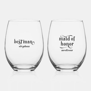 Best man, Maid of Honour Elegant Black Typography Stemless Wine Glass