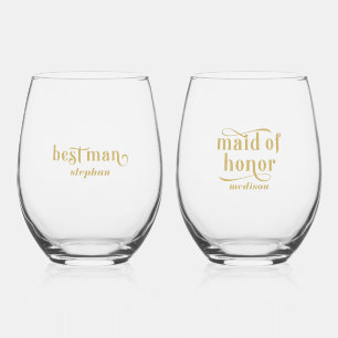 Best man, Maid of Honour Elegant Gold Typography Stemless Wine Glass