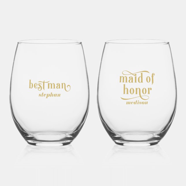 Best man, Maid of Honour Elegant Gold Typography Stemless Wine Glass (Front)