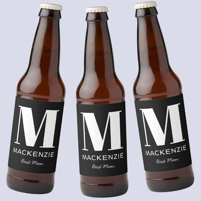 Best Man Monogram Name Black Beer Bottle Label (Modern Best Man monogram initial name beer bottle labels)