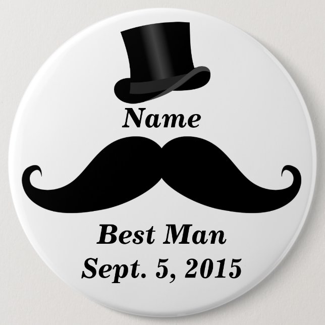 Best Man Moustache and Top Hat Pin-Back Button (Front)