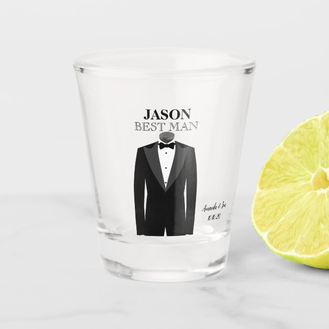 Best Man or Groomsman Wedding Black Tie Tuxedo Shot Glass (Front)