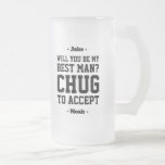 Best Man Proposal Chug to Accept Funny Favour Frosted Glass Beer Mug<br><div class="desc">Get the wedding celebration started in style with a funny personalised Best Man proposal frosted glass beer mug. Design features stylish modern typography names, and a customisable request reading "Will you be my Best Man? Chug to accept". All text is simple to customise or delete. These unique and original beer...</div>