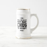 Best Man Proposal Chug to Accept Funny Wedding Beer Stein<br><div class="desc">Get the wedding celebration started in style with a funny personalised Best Man proposal beer stein. Design features stylish modern typography names, and a customisable request reading "Will you be my Best Man? Chug to accept." All text is simple to customise or delete. These unique and original beer mugs make...</div>