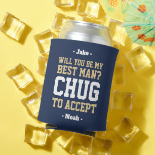 Best Man Proposal Chug to Accept Navy Gold & White Can Cooler