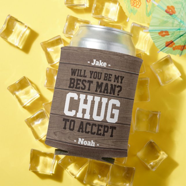 Best Man Proposal Chug to Accept Rustic Faux Wood Can Cooler (In Situ Summer)