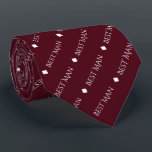 Best Man Repeating White Text on Burgundy Tie<br><div class="desc">This fun neck tie is the perfect accessory for the best man at your wedding. It features a simple yet elegant design with the words "Best Man" written in fancy all capital white text repeating in a diagonal pattern on a burgundy or maroon colored background. There are diamonds separating the...</div>