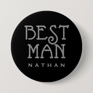 Best Man Silver Faux Glitter Name Tag Button